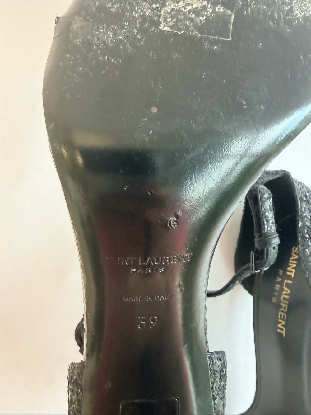 Saint Laurent Opyum Ankle Strap Sandals YSL Monogram Heel Black Glitter 39 - Picture 12 of 13